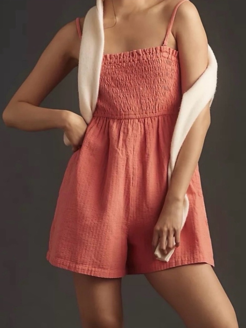 Anthropologie PILCRO Casual Smocked Removable Strap Coral Pocket Short Romper